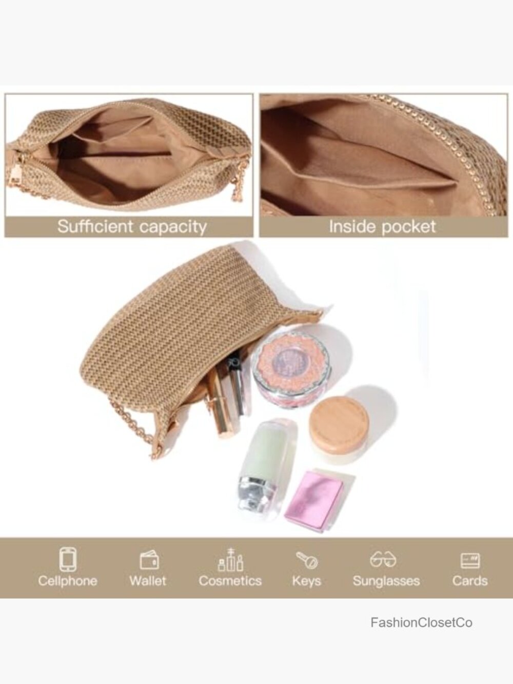 Straw Woven Beach Bag Summer Shoulder Purse with Chain Strap - Picture 5 of 6